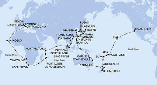 USA, Americká Samoa, Samoa, Fiji, Nový Zéland, Austrália, Filipíny, Tchaj-wan, Japonsko, Južná Kórea, Čína, Vietnam, Singapur, Malajzia, Seychely, Maurícius, Reunion, Juhoafrická republika, Namíbia, Kapverdy, Taliansko, Francúzsko na lodi MSC Magnifica