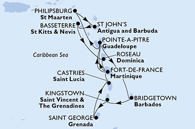 Martinik, Guadeloupe, Svatý Martin, Antigua a Barbuda, Svätý Krištof a Nevis, Dominika, Barbados, Svätý Vincent a Grenadiny, Grenada, Svätá Lucia z Fort de France na lodi MSC Seaview