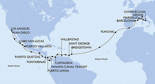 Taliansko, Francúzsko, Španielsko, Portugalsko, Barbados, Grenada, Curacao, Kolumbia, Kostarika, Panama, Guatemala, Mexiko, USA z Civitavechie na lodi MSC Magnifica