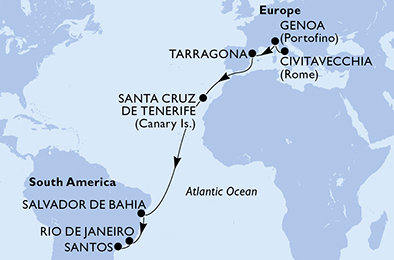 Taliansko, Tarragona, Španielsko, Brazília z Civitavechie na lodi MSC Divina Taliansko, Tarragona, Španielsko, Brazília z Civitavechie na lodi MSC Divina