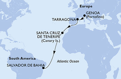 Taliansko, Tarragona, Španielsko, Brazília z Janova na lodi MSC Divina Taliansko, Tarragona, Španielsko, Brazília z Janova na lodi MSC Divina