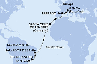 Taliansko, Tarragona, Španielsko, Brazília z Janova na lodi MSC Divina Taliansko, Tarragona, Španielsko, Brazília z Janova na lodi MSC Divina