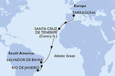 Tarragona, Španielsko, Brazília z Tarragony na lodi MSC Divina Tarragona, Španielsko, Brazília z Tarragony na lodi MSC Divina