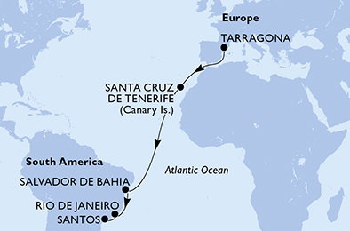 Tarragona, Španielsko, Brazília z Tarragony na lodi MSC Divina