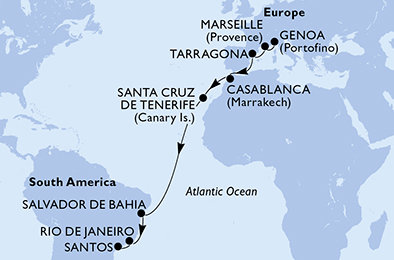 Taliansko, Francúzsko, Tarragona, Maroko, Španielsko, Brazília z Janova na lodi MSC Musica