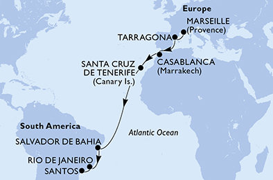 Francúzsko, Tarragona, Maroko, Španielsko, Brazília z Marseille na lodi MSC Musica