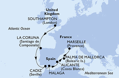 Veľká Británia, Španielsko, Francúzsko zo Southamptonu na lodi MSC Virtuosa