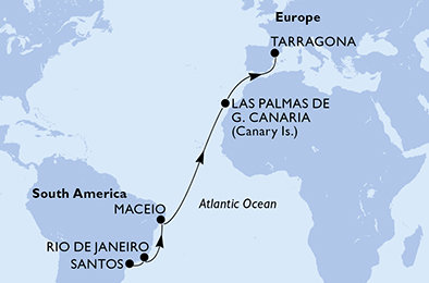 Brazília, Španielsko, Tarragona zo Santosu na lodi MSC Musica