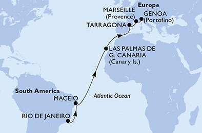 Brazília, Španielsko, Tarragona, Francúzsko, Taliansko z Rio de Janeira na lodi MSC Musica