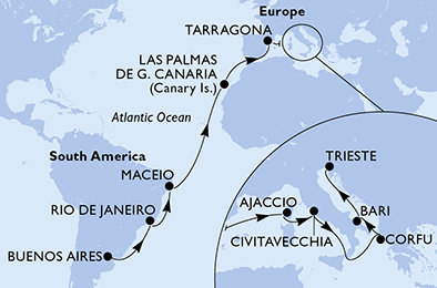 Argentína, Brazília, Španielsko, Tarragona, Francúzsko, Taliansko, Grécko z Buenos Aires na lodi MSC Splendida