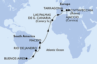Argentína, Brazília, Španielsko, Tarragona, Francúzsko, Taliansko z Buenos Aires na lodi MSC Splendida