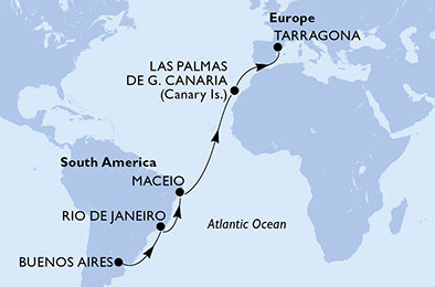 Argentína, Brazília, Španielsko, Tarragona z Buenos Aires na lodi MSC Splendida