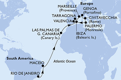 Brazília, Španielsko, Tarragona, Francúzsko, Taliansko z Rio de Janeira na lodi MSC Musica