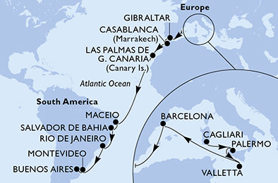 Taliansko, Malta, Španielsko, Gibraltár, Maroko, Brazília, Uruguaj, Argentína z Cagliari na lodi MSC Splendida