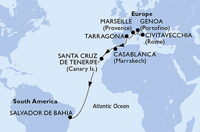 Taliansko, Francúzsko, Tarragona, Maroko, Španielsko, Brazília z Civitavechie na lodi MSC Musica