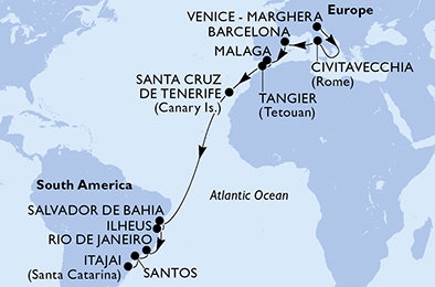Taliansko, Španielsko, Maroko, Brazília z Marghery na lodi MSC Lirica Taliansko, Španielsko, Maroko, Brazília z Marghery na lodi MSC Lirica
