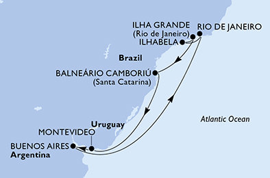 Argentína, Brazília, Uruguaj z Buenos Aires na lodi MSC Splendida
