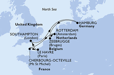 Holandsko, Francie, Veľká Británia, Nemecko, Belgicko z Rotterdamu na lodi MSC Preziosa