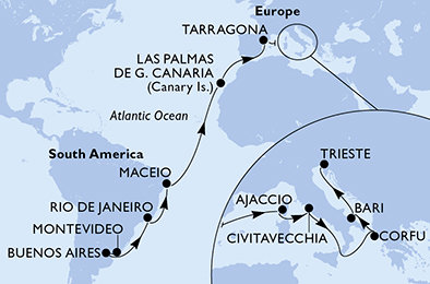 Uruguaj, Argentína, Brazília, Španielsko, Tarragona, Francúzsko, Taliansko, Grécko z Montevidea na lodi MSC Splendida