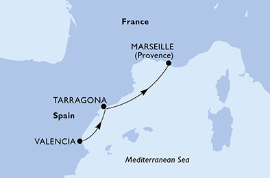 Španielsko, Tarragona, Francúzsko z Valencie na lodi MSC Sinfonia