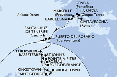 Taliansko, Francúzsko, Španielsko, Svatý Martin, Svätý Krištof a Nevis, Svätý Vincent a Grenadiny, Barbados, Grenada, Martinik, Guadeloupe, Antigua a Barbuda, Dominika z Janova na lodi MSC World Europa