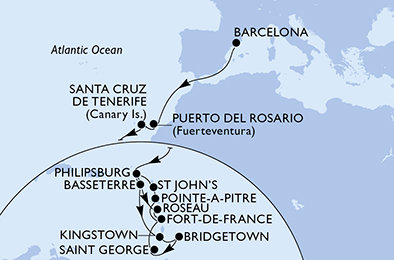 Španielsko, Svatý Martin, Svätý Krištof a Nevis, Svätý Vincent a Grenadiny, Barbados, Grenada, Martinik, Guadeloupe, Antigua a Barbuda, Dominika z Barcelony na lodi MSC World Europa