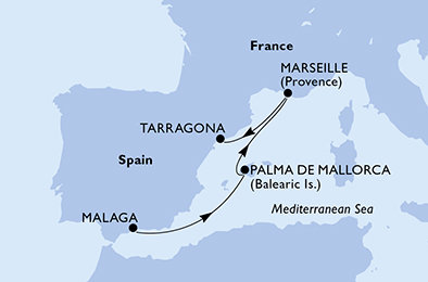 Španielsko, Francúzsko, Tarragona z Málagy na lodi MSC Meraviglia