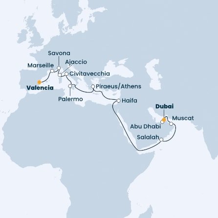 Španielsko, Francúzsko, Taliansko, Grécko, Izrael, Omán, Spojené arabské emiráty z Valencie na lodi Costa Toscana