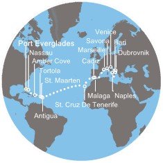 Bahamy, Veľká Británia, Holandsko, Antigua a Barbuda, Španielsko, Francúzsko, Taliansko, Chorvátsko na lodi Costa Deliziosa