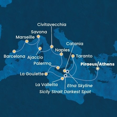 Grécko, Malta, Taliansko, Tunisko, Francúzsko, Španielsko z Pireusu na lodi Costa Fascinosa