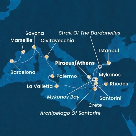 Grécko, Turecko, Malta, Taliansko, Španielsko, Francúzsko z Pireusu na lodi Costa Fortuna
