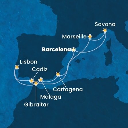 Španielsko, Taliansko, Francúzsko, Gibraltár, Portugalsko z Barcelony na lodi Costa Favolosa