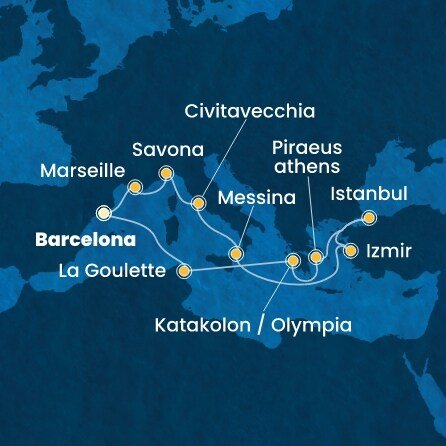 Španielsko, Francúzsko, Taliansko, Turecko, Grécko, Tunisko z Barcelony na lodi Costa Favolosa