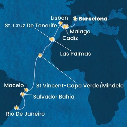 Španielsko, Portugalsko, Kapverdy, Brazília z Barcelony na lodi Costa Diadema