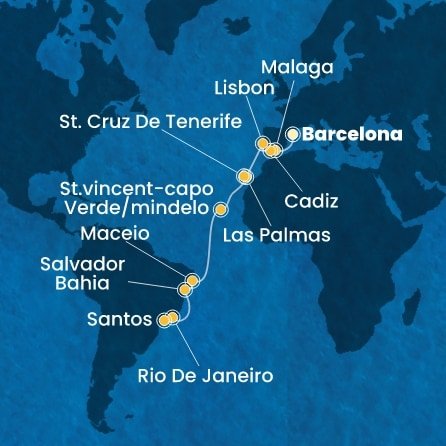 Španielsko, Portugalsko, Kapverdy, Brazília z Barcelony na lodi Costa Diadema