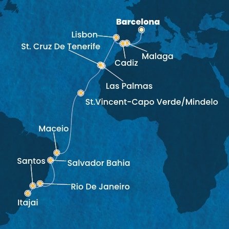 Španielsko, Portugalsko, Kapverdy, Brazília z Barcelony na lodi Costa Diadema
