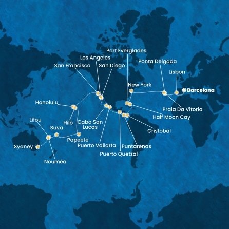 Španielsko, Portugalsko, z Praia da Vitória, USA, Bahamy, Panama, Kostarika, Guatemala, Mexiko, Francouzská Polynésie, Fiji, Nová Kaledonie, Austrália z Barcelony na lodi Costa Deliziosa