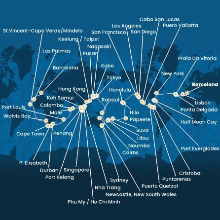 Španielsko, Portugalsko, z Praia da Vitória, USA, Bahamy, Panama, Kostarika, Guatemala, Mexiko, Francouzská Polynésie, Fiji, Nová Kaledonie, Austrália, Papua Nová Guinea, Japonsko, Južná Kórea, Tchaj-wan, Čína, Vietnam, Thajsko, Singapur, Malajzia, Srí Lanka, Maledivy, Maurícius, Juhoafrická republika, Namíbia, Kapverdy z Barcelony na lodi Costa Deliziosa