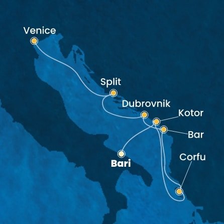 Taliansko, Čierna Hora, Grécko, Chorvátsko z Bari na lodi Costa Deliziosa