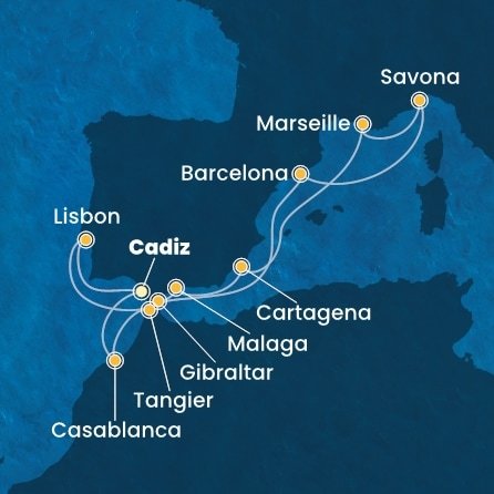 Španielsko, Portugalsko, Gibraltár, Francúzsko, Taliansko, Maroko z Cadizu na lodi Costa Diadema