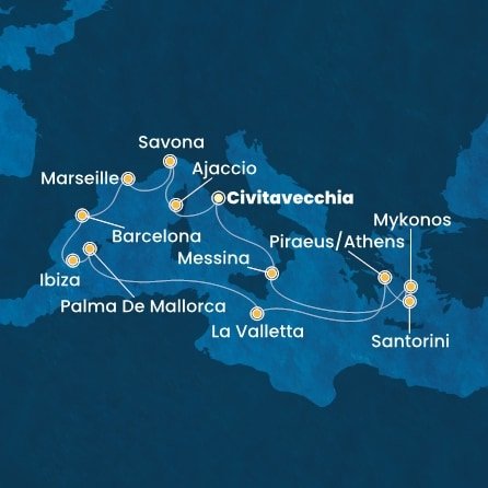Taliansko, Francúzsko, Španielsko, Malta, Grécko z Civitavechie na lodi Costa Serena