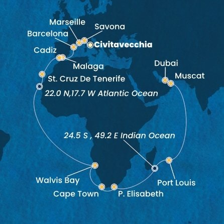 Taliansko, Francúzsko, Španielsko, Namíbia, Juhoafrická republika, Maurícius, Omán, Spojené arabské emiráty z Civitavechie na lodi Costa Smeralda