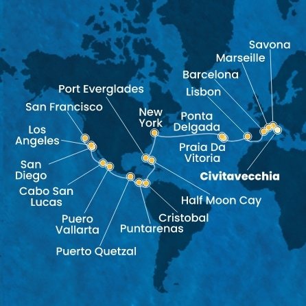 Taliansko, Francúzsko, Španielsko, Portugalsko, z Praia da Vitória, USA, Bahamy, Panama, Kostarika, Guatemala, Mexiko z Civitavechie na lodi Costa Deliziosa
