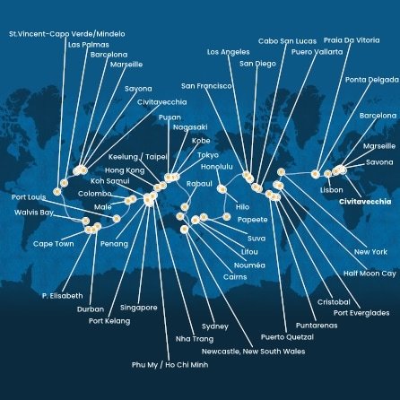 Taliansko, Francúzsko, Španielsko, Portugalsko, z Praia da Vitória, USA, Bahamy, Panama, Kostarika, Guatemala, Mexiko, Francouzská Polynésie, Fiji, Nová Kaledonie, Austrália, Papua Nová Guinea, Japonsko, Južná Kórea, Tchaj-wan, Čína, Vietnam, Thajsko, Singapur, Malajzia, Srí Lanka, Maledivy, Maurícius, Juhoafrická republika, Namíbia, Kapverdy z Civitavechie na lodi Costa Deliziosa