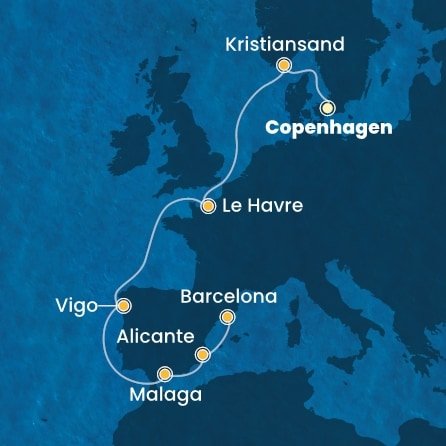 Dánsko, Nórsko, Francie, Španielsko z Kodaně na lodi Costa Diadema