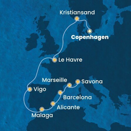 Dánsko, Nórsko, Francie, Španielsko, Francúzsko, Taliansko z Kodaně na lodi Costa Diadema