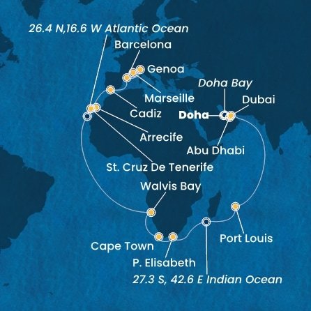 Katar, Spojené arabské emiráty, Maurícius, Juhoafrická republika, Namíbia, Španielsko, Taliansko, Francúzsko z Dohy na lodi Costa Toscana