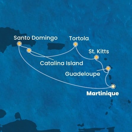 Martinik, Guadeloupe, Svätý Krištof a Nevis, Britské Panenské ostrovy, Dominikánska republika z Fort de France, Martinik na lodi Costa Favolosa