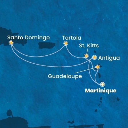 Martinik, Guadeloupe, Svätý Krištof a Nevis, Britské Panenské ostrovy, Dominikánska republika, Antigua a Barbuda z Fort de France, Martinik na lodi Costa Favolosa