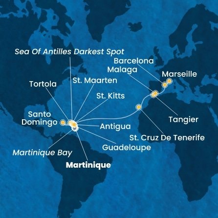 Martinik, Guadeloupe, Svätý Krištof a Nevis, Britské Panenské ostrovy, Dominikánska republika, Svatý Martin, Antigua a Barbuda, Španielsko, Maroko, Francúzsko z Fort de France na lodi Costa Favolosa